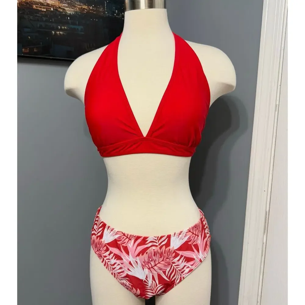 NWOT Women’s Random Tropical Print Red Lace Halter Neck Tie Back Bikini, XL